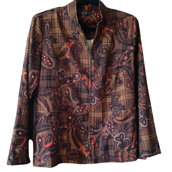 Notations Brown Plaid‎ Paisley Zip-Up Mock Neck Jacket Winter Boho Style Size L - Picture 1 of 8